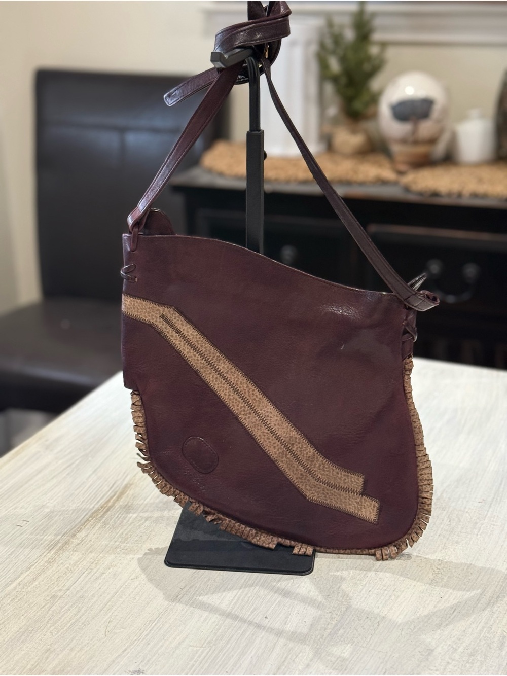 Women’s Mahogany Leather Shoulder Bag with Woven Accent- Handmade